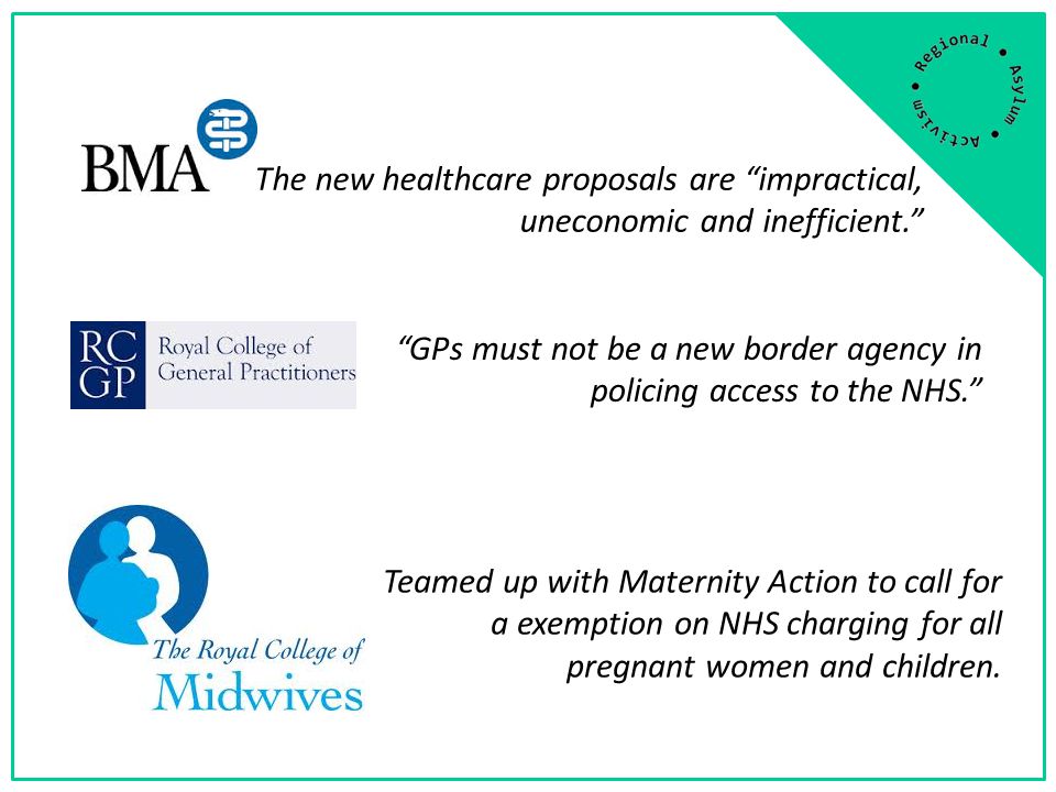 The new healthcare proposals are impractical, uneconomic and inefficient. GPs must not be a new border agency in policing access to the NHS. Teamed up with Maternity Action to call for a exemption on NHS charging for all pregnant women and children.