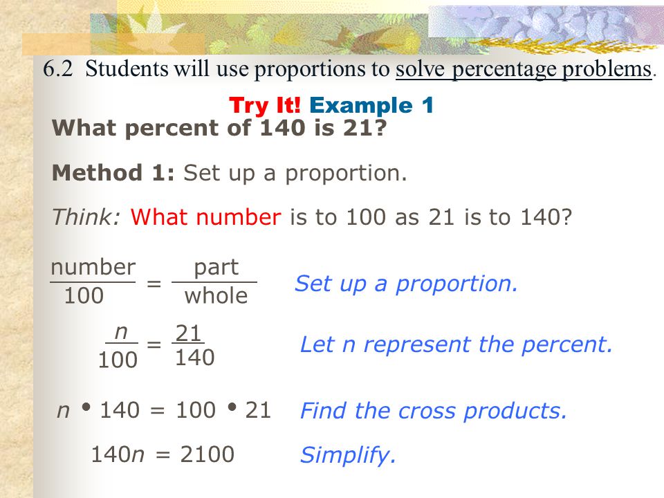 6.2 Students will use proportions to solve percentage problems.