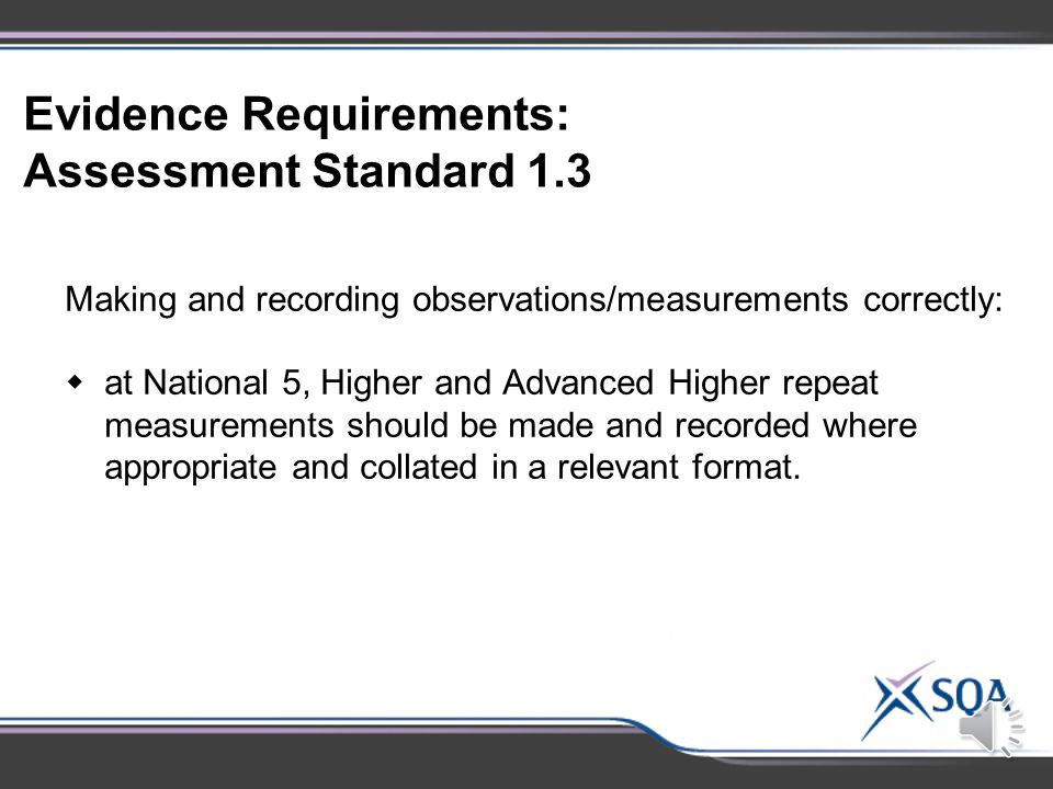 Evidence Requirements Assessment Standard 1.1 National Qualification Level 4 5 H AH A clear statement of the aim  A hypothesis  A dependent and independent variable  Variable(s) to be kept constant minimum of one all Measurements/observations to be made  The equipment/materials   A clear and detailed description of how the experiment/practical investigation should be carried out, including safety considerations where appropriate  Evidence Requirements: Assessment Standard 1.1
