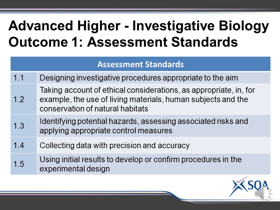 This Unit has two Outcomes which are both internally assessed: Outcome 1 Apply skills of experimentation and draw on knowledge and understanding of scientific principles and process to carry out a biological investigation.