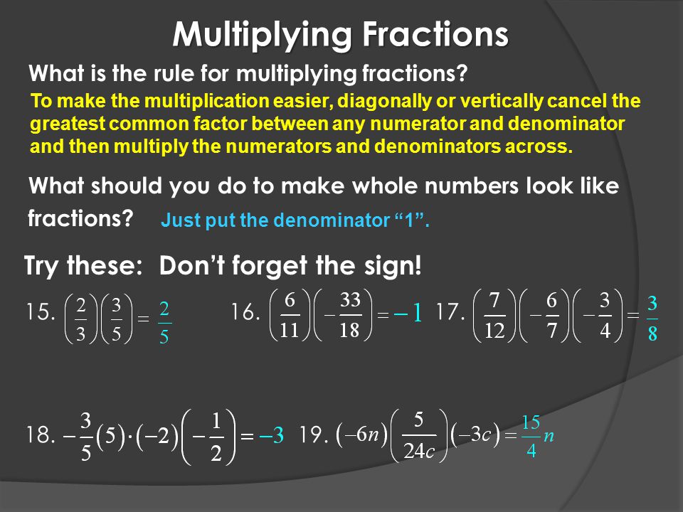Multiplying Fractions Try these: Don’t forget the sign.