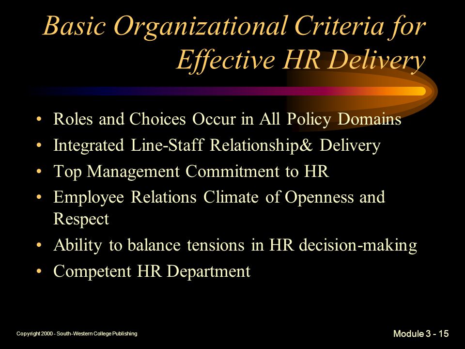 Copyright South-Western College Publishing Module Basic Organizational Criteria for Effective HR Delivery Roles and Choices Occur in All Policy Domains Integrated Line-Staff Relationship& Delivery Top Management Commitment to HR Employee Relations Climate of Openness and Respect Ability to balance tensions in HR decision-making Competent HR Department