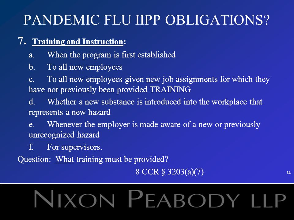 14 PANDEMIC FLU IIPP OBLIGATIONS. 7.