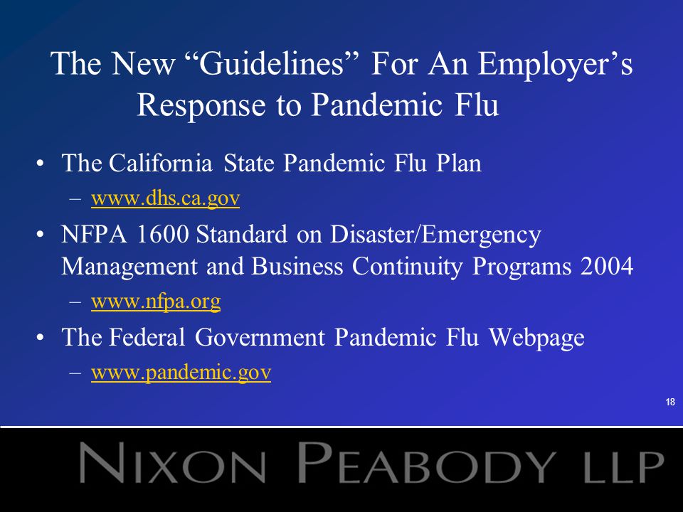 18 The New Guidelines For An Employer’s Response to Pandemic Flu The California State Pandemic Flu Plan –  NFPA 1600 Standard on Disaster/Emergency Management and Business Continuity Programs 2004 –  The Federal Government Pandemic Flu Webpage –