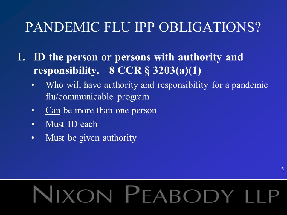 5 PANDEMIC FLU IPP OBLIGATIONS. 1.ID the person or persons with authority and responsibility.