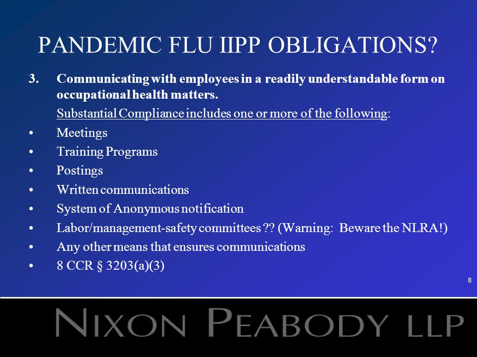 8 PANDEMIC FLU IIPP OBLIGATIONS.