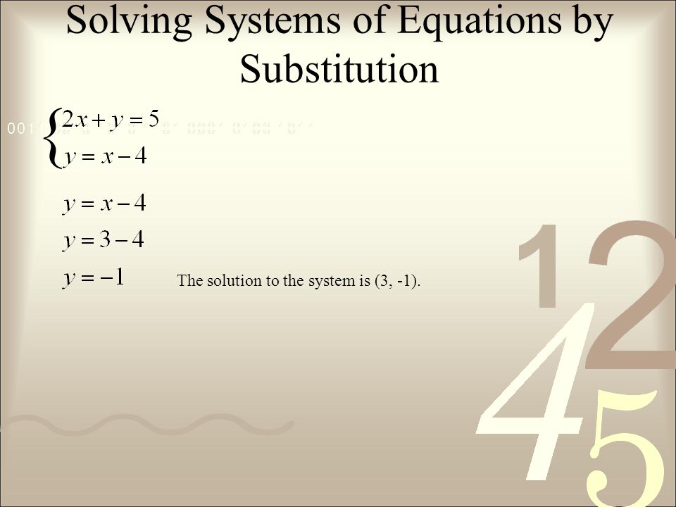 The solution to the system is (3, -1). Solving Systems of Equations by Substitution {