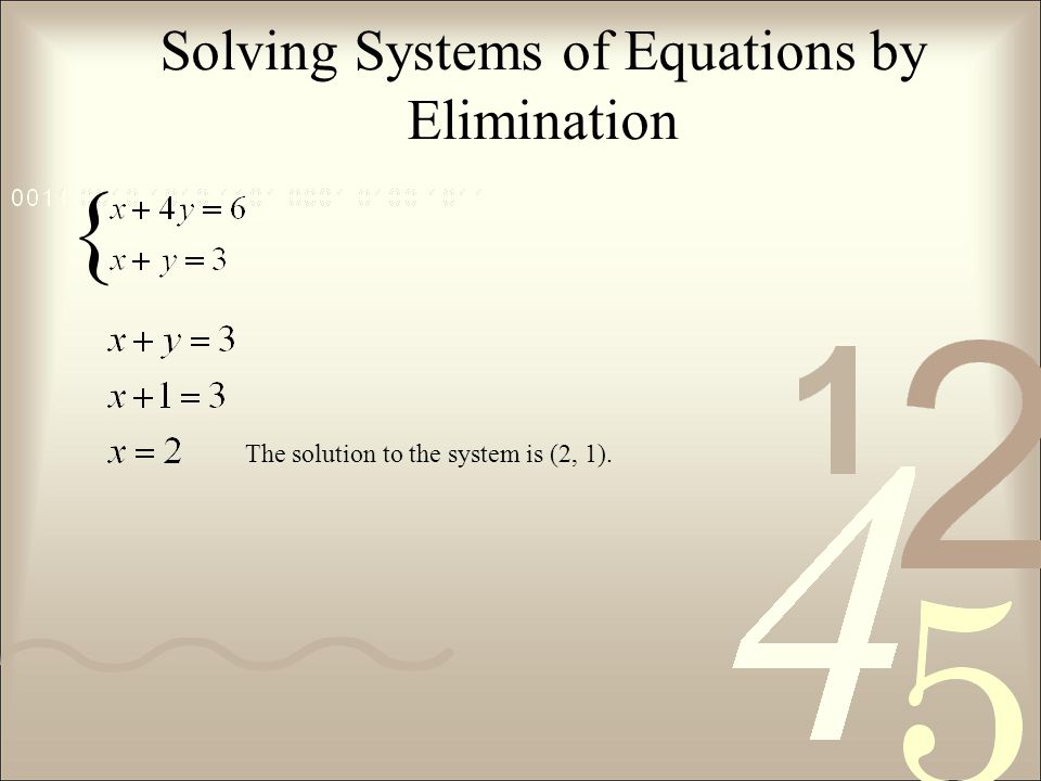 The solution to the system is (2, 1). { Solving Systems of Equations by Elimination