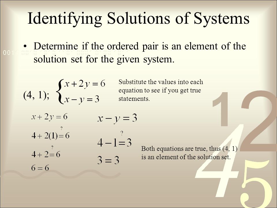 Identifying Solutions of Systems Determine if the ordered pair is an element of the solution set for the given system.