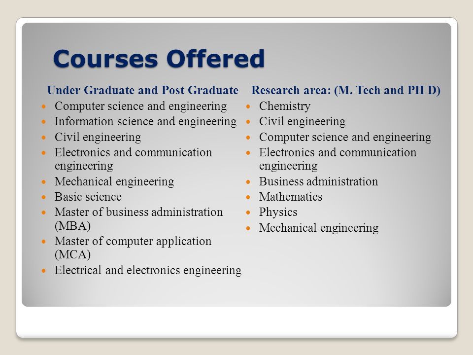 Courses Offered Courses Offered Under Graduate and Post Graduate Computer science and engineering Information science and engineering Civil engineering Electronics and communication engineering Mechanical engineering Basic science Master of business administration (MBA) Master of computer application (MCA) Electrical and electronics engineering Research area: (M.