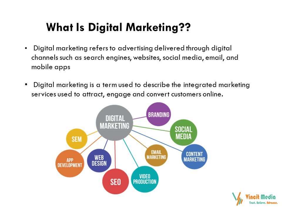 Digital marketing refers to advertising delivered through digital channels such as search engines, websites, social media,  , and mobile apps Digital marketing is a term used to describe the integrated marketing services used to attract, engage and convert customers online.