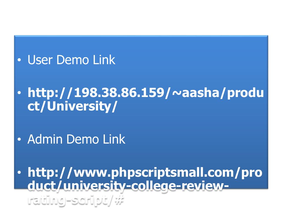 User Demo Link   ct/University/ Admin Demo Link   duct/university-college-review- rating-script/# User Demo Link   ct/University/ Admin Demo Link   duct/university-college-review- rating-script/#