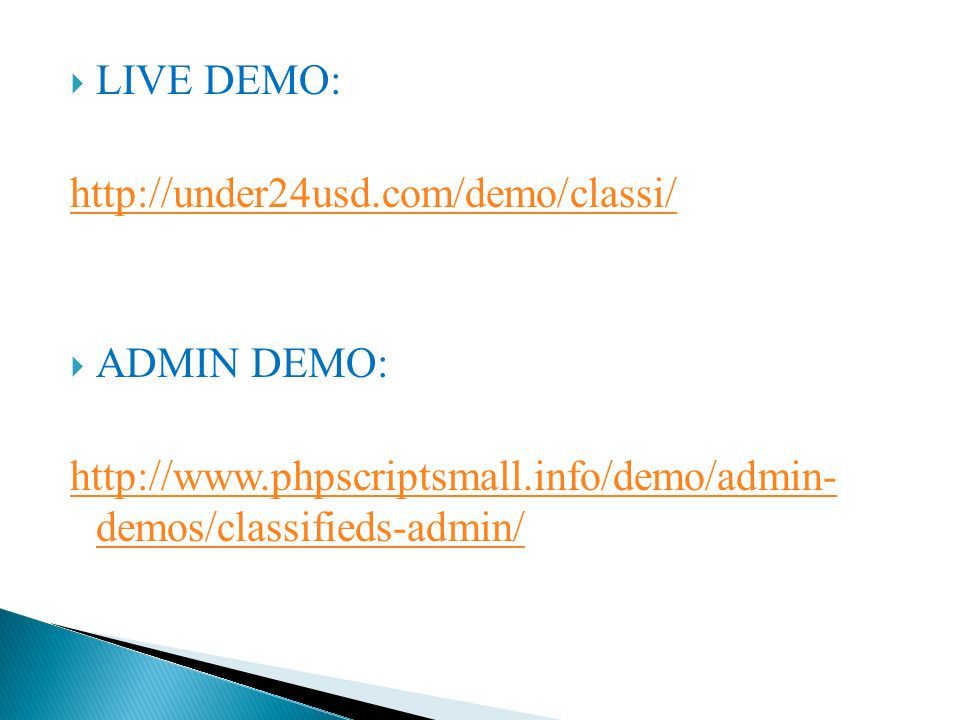  LIVE DEMO:    ADMIN DEMO:   demos/classifieds-admin/