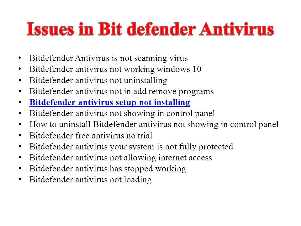 Bitdefender Antivirus is not scanning virus Bitdefender antivirus not working windows 10 Bitdefender antivirus not uninstalling Bitdefender antivirus not in add remove programs Bitdefender antivirus setup not installing Bitdefender antivirus not showing in control panel How to uninstall Bitdefender antivirus not showing in control panel Bitdefender free antivirus no trial Bitdefender antivirus your system is not fully protected Bitdefender antivirus not allowing internet access Bitdefender antivirus has stopped working Bitdefender antivirus not loading