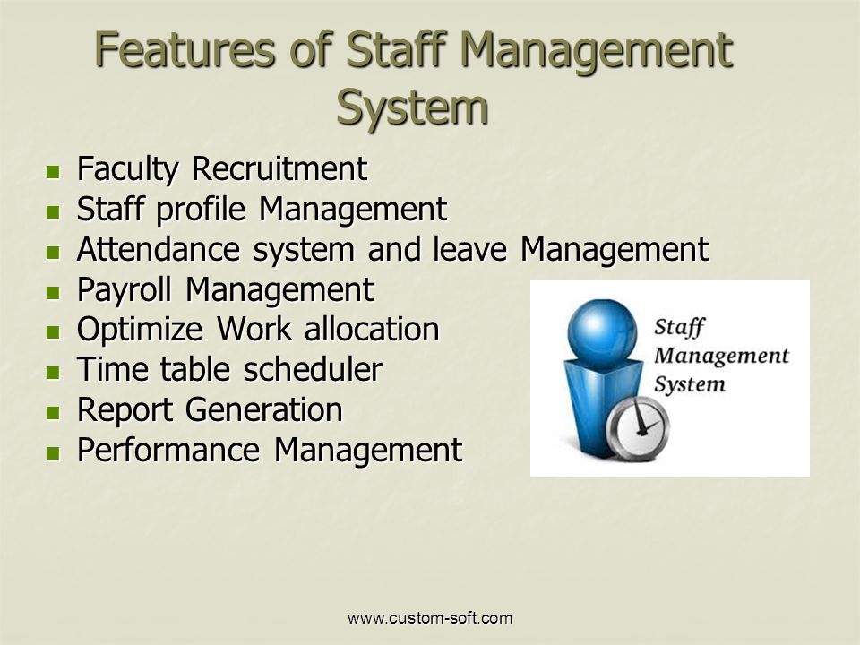 Features of Staff Management System Faculty Recruitment Faculty Recruitment Staff profile Management Staff profile Management Attendance system and leave Management Attendance system and leave Management Payroll Management Payroll Management Optimize Work allocation Optimize Work allocation Time table scheduler Time table scheduler Report Generation Report Generation Performance Management Performance Management