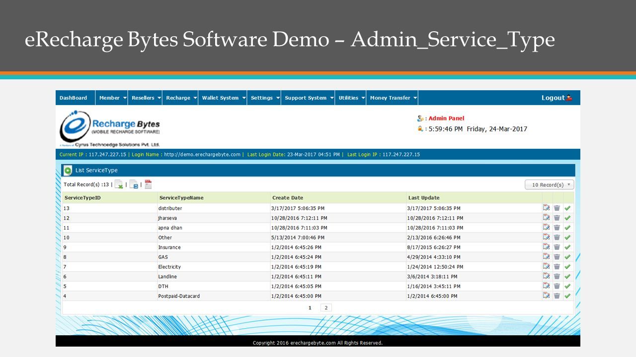 eRecharge Bytes Software Demo – Admin_Service_Type