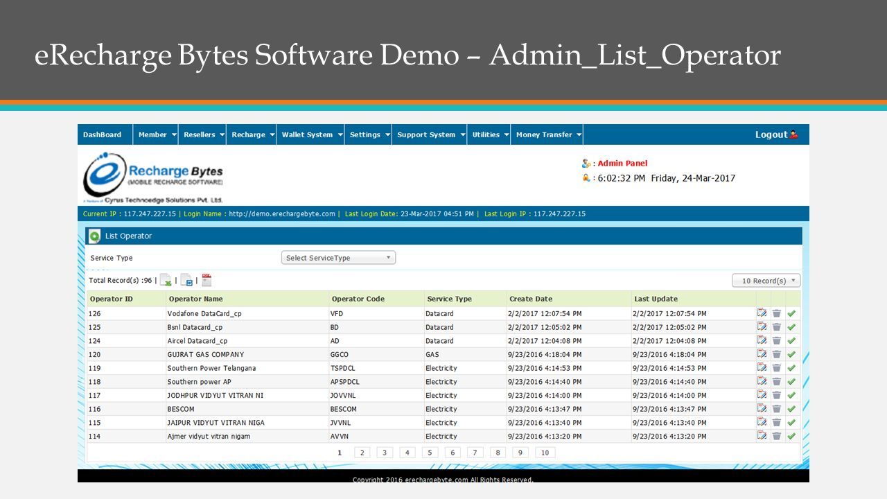 eRecharge Bytes Software Demo – Admin_List_Operator