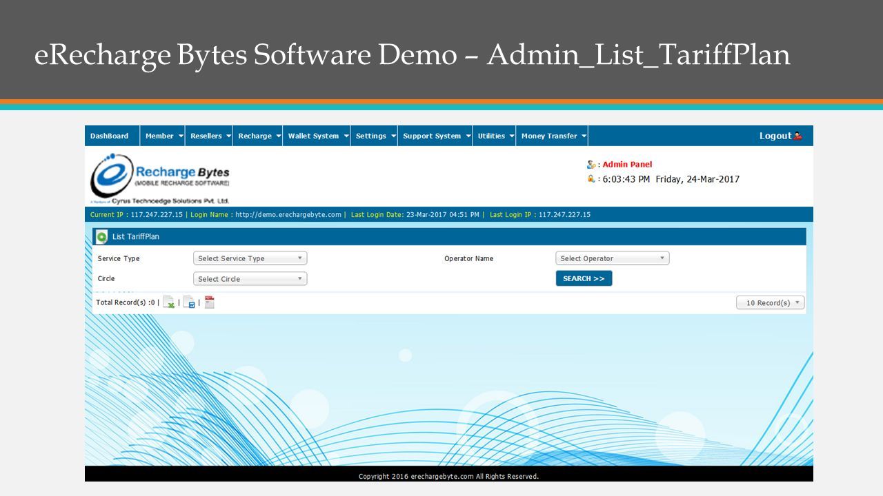eRecharge Bytes Software Demo – Admin_List_TariffPlan