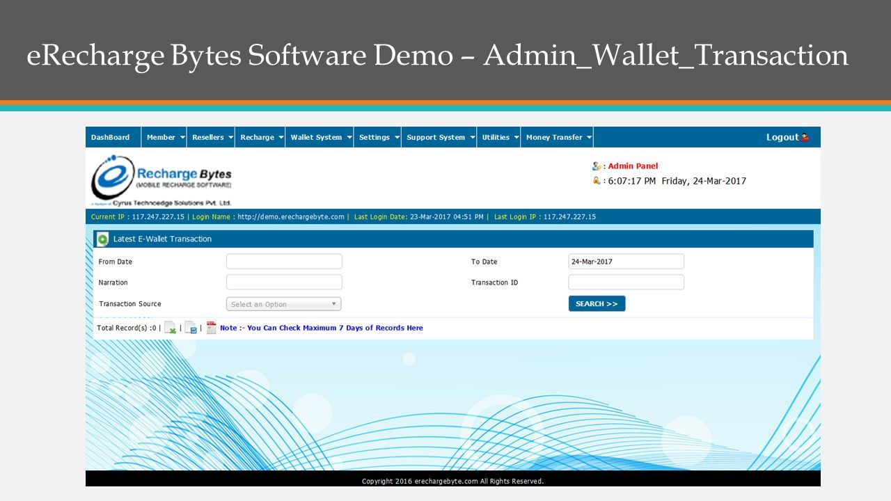 eRecharge Bytes Software Demo – Admin_Wallet_Transaction