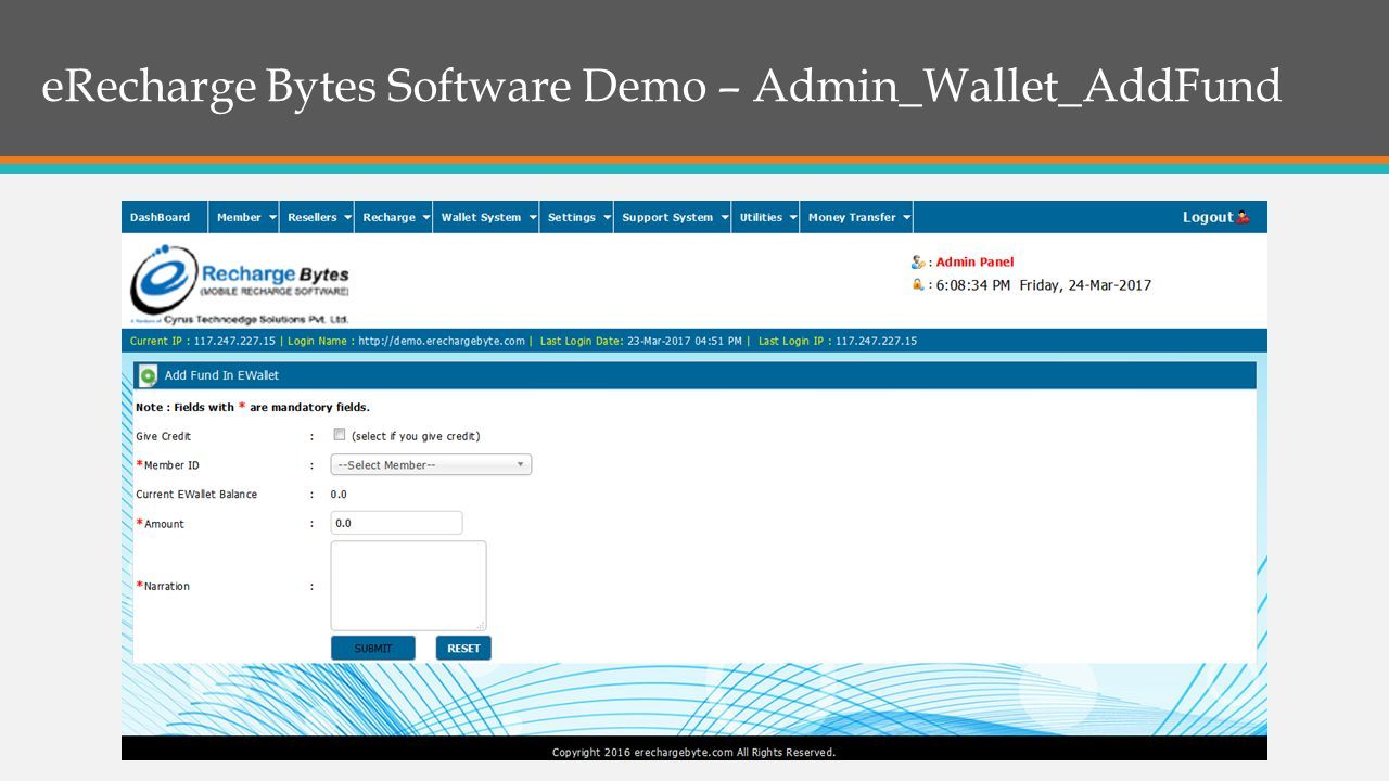 eRecharge Bytes Software Demo – Admin_Wallet_AddFund