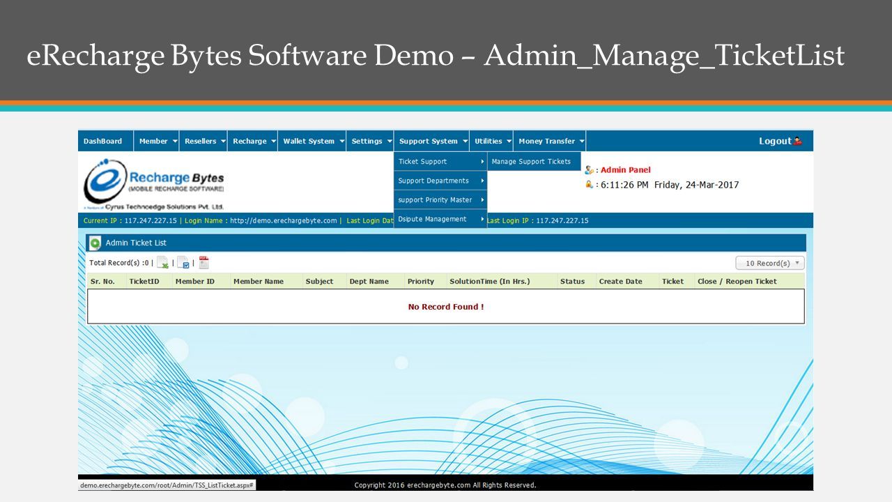 eRecharge Bytes Software Demo – Admin_Manage_TicketList