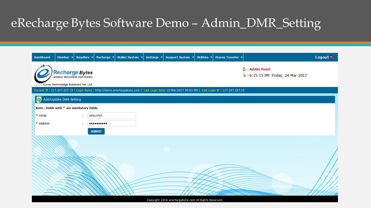 eRecharge Bytes Software Demo – Admin_DMR_Setting