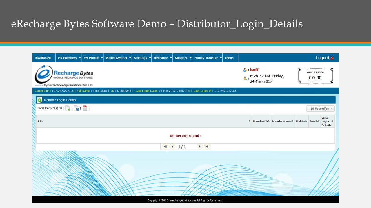 eRecharge Bytes Software Demo – Distributor_Login_Details