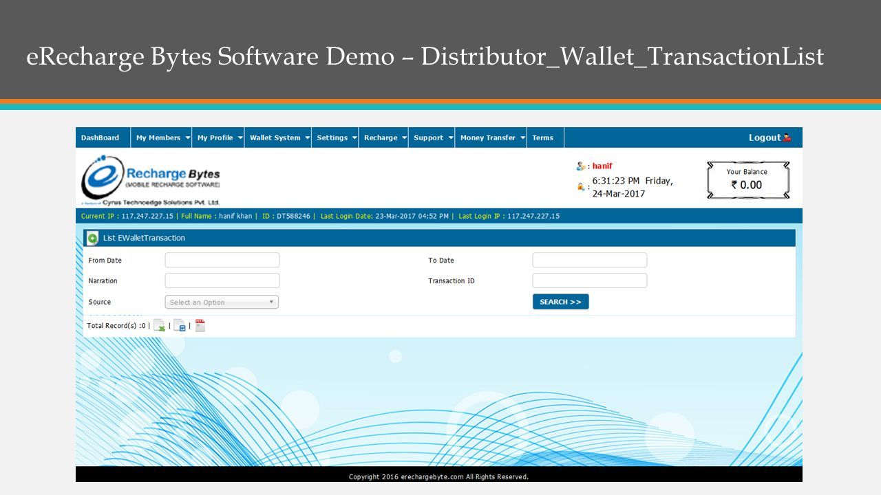 eRecharge Bytes Software Demo – Distributor_Wallet_TransactionList