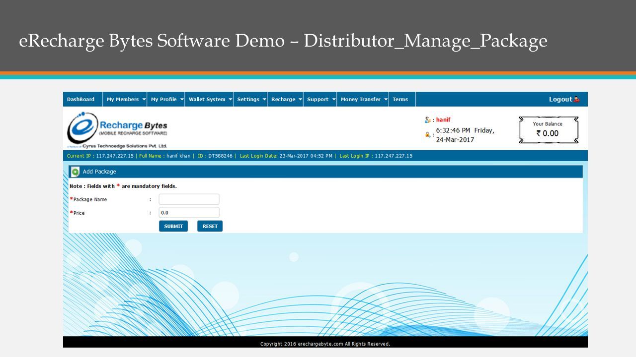 eRecharge Bytes Software Demo – Distributor_Manage_Package
