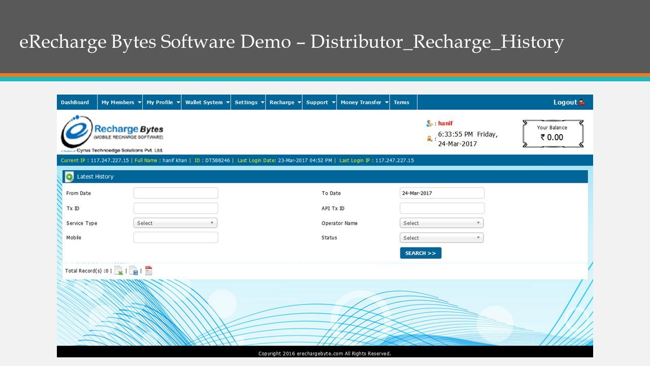 eRecharge Bytes Software Demo – Distributor_Recharge_History