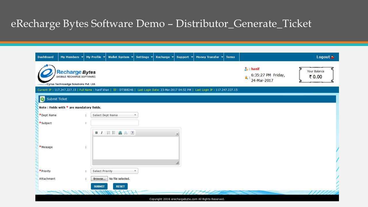 eRecharge Bytes Software Demo – Distributor_Generate_Ticket