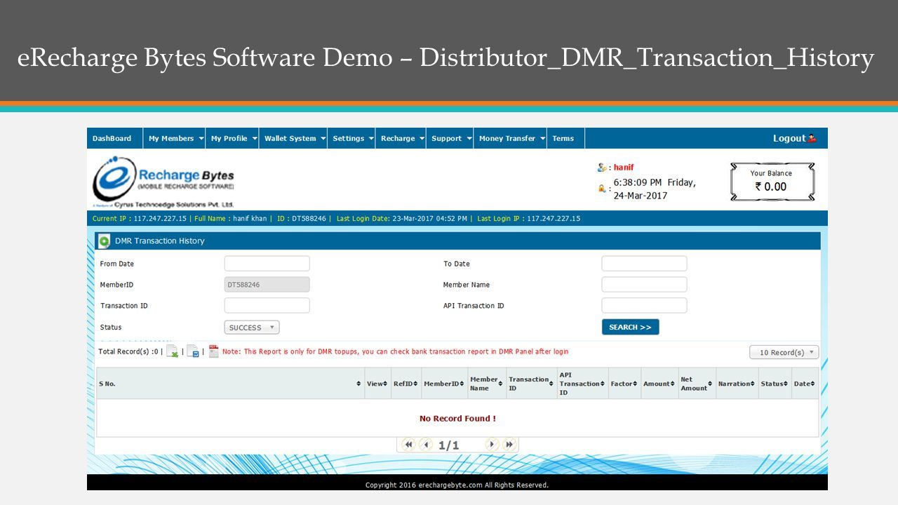 eRecharge Bytes Software Demo – Distributor_DMR_Transaction_History