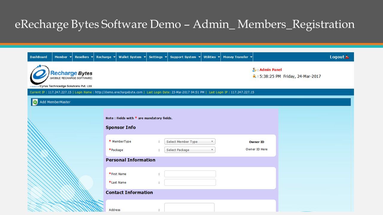 eRecharge Bytes Software Demo – Admin_ Members_Registration