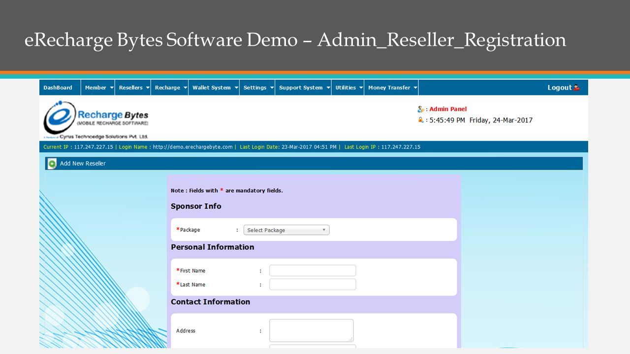 eRecharge Bytes Software Demo – Admin_Reseller_Registration