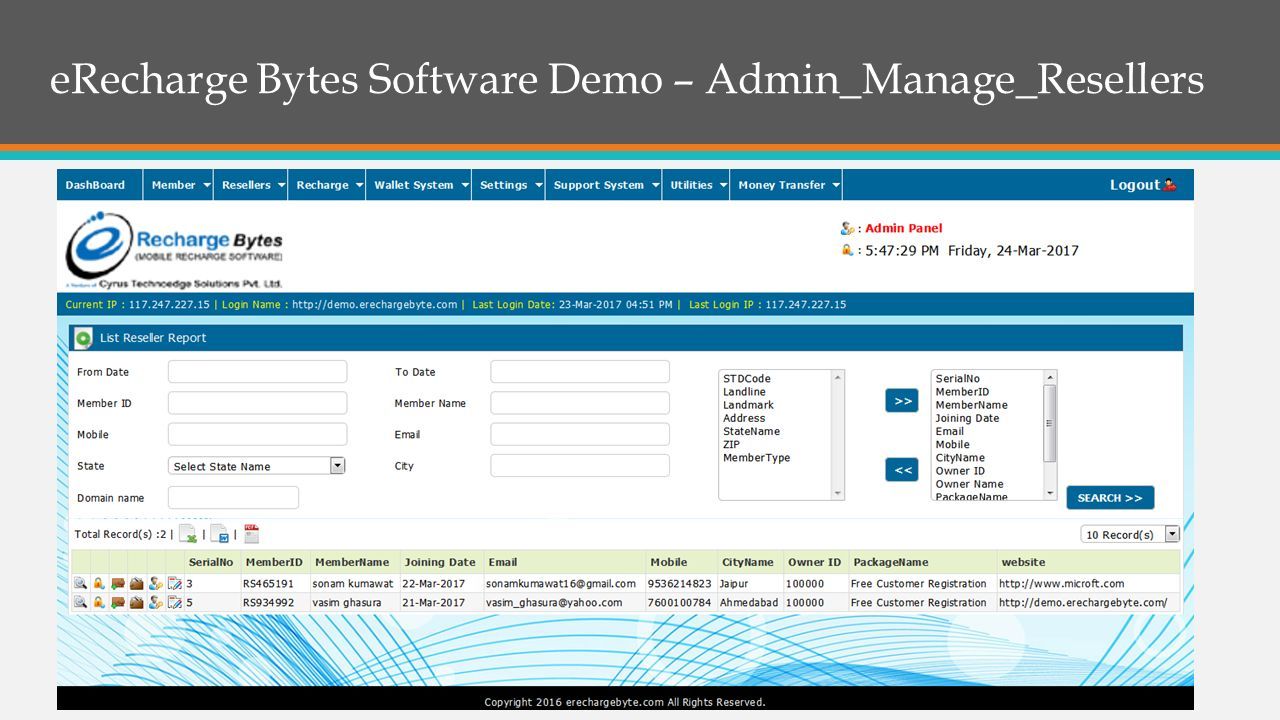 eRecharge Bytes Software Demo – Admin_Manage_Resellers