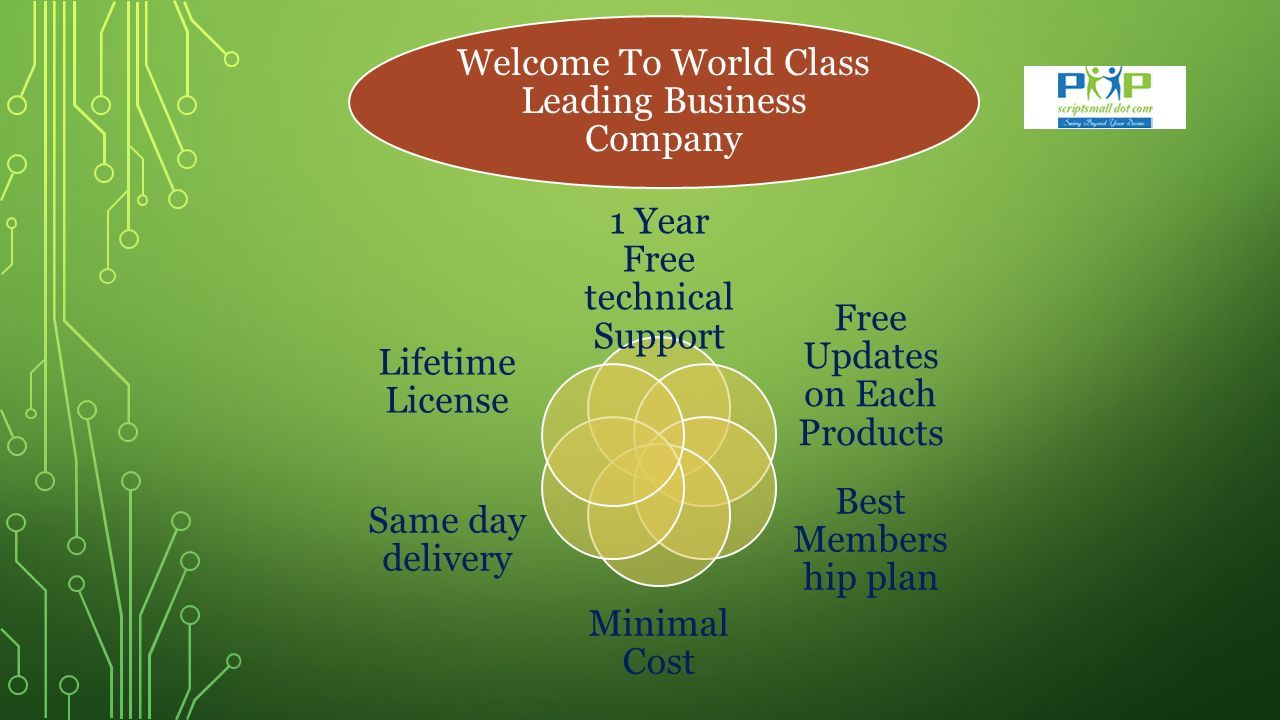 Welcome To World Class Leading Business Company 1 Year Free technical Support Free Updates on Each Products Best Members hip plan Minimal Cost Same day delivery Lifetime License