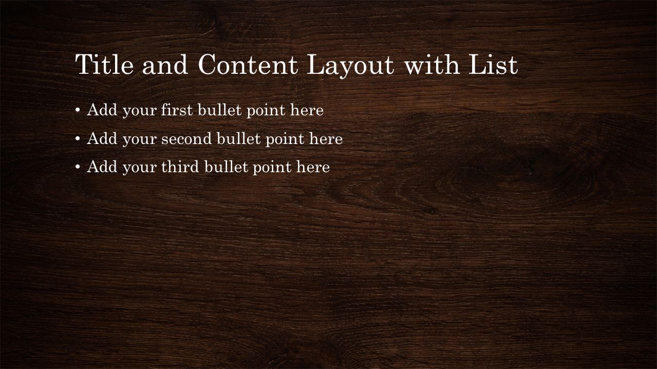 Title and Content Layout with List Add your first bullet point here Add your second bullet point here Add your third bullet point here
