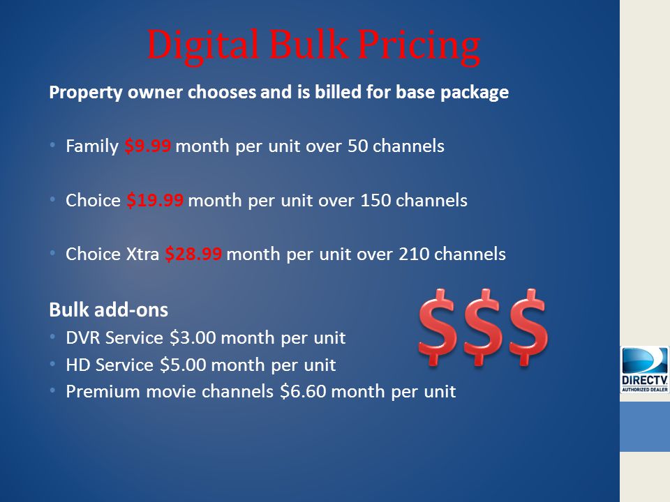Digital Bulk Pricing Property owner chooses and is billed for base package Family $9.99 month per unit over 50 channels Choice $19.99 month per unit over 150 channels Choice Xtra $28.99 month per unit over 210 channels Bulk add-ons DVR Service $3.00 month per unit HD Service $5.00 month per unit Premium movie channels $6.60 month per unit