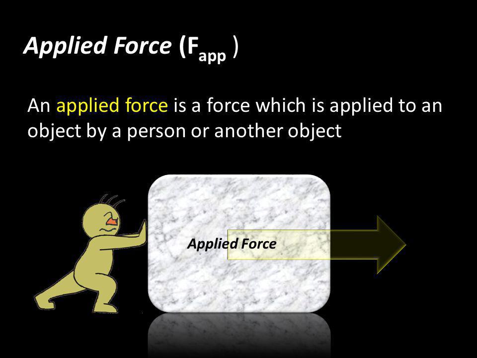Applied Force (F app ) An applied force is a force which is applied to an object by a person or another object Applied Force