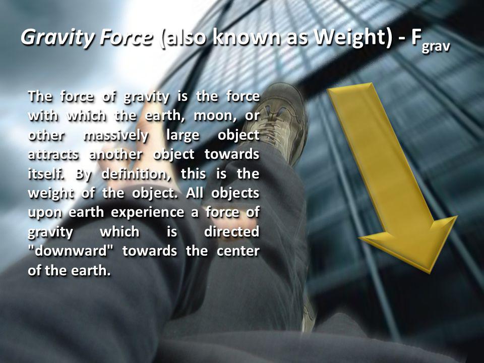 Gravity Force (also known as Weight) - F grav The force of gravity is the force with which the earth, moon, or other massively large object attracts another object towards itself.
