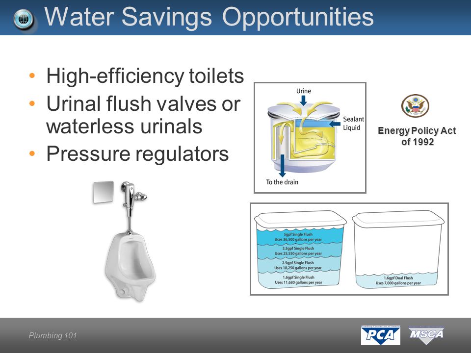 Plumbing 101 Water Savings Opportunities High-efficiency toilets Urinal flush valves or waterless urinals Pressure regulators Energy Policy Act of 1992 of 1992