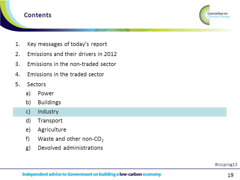 19 1.Key messages of todays report 2.Emissions and their drivers in Emissions in the non-traded sector 4.Emissions in the traded sector 5.Sectors a)Power b)Buildings c)Industry d)Transport e)Agriculture f)Waste and other non-CO 2 g)Devolved administrations Contents #cccprog13