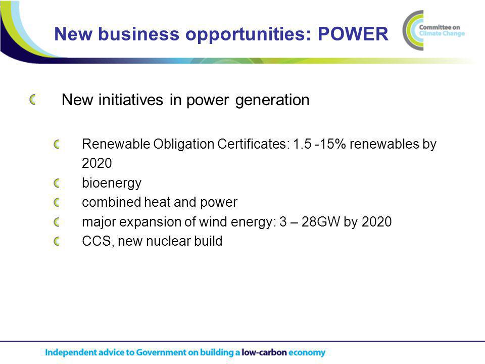New business opportunities: POWER New initiatives in power generation Renewable Obligation Certificates: % renewables by 2020 bioenergy combined heat and power major expansion of wind energy: 3 – 28GW by 2020 CCS, new nuclear build