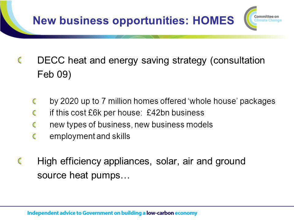 New business opportunities: HOMES DECC heat and energy saving strategy (consultation Feb 09) by 2020 up to 7 million homes offered whole house packages if this cost £6k per house: £42bn business new types of business, new business models employment and skills High efficiency appliances, solar, air and ground source heat pumps…