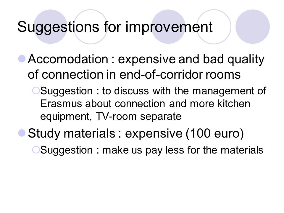 Suggestions for improvement Accomodation : expensive and bad quality of connection in end-of-corridor rooms Suggestion : to discuss with the management of Erasmus about connection and more kitchen equipment, TV-room separate Study materials : expensive (100 euro) Suggestion : make us pay less for the materials