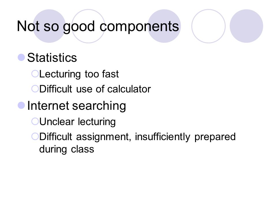 Not so good components Statistics Lecturing too fast Difficult use of calculator Internet searching Unclear lecturing Difficult assignment, insufficiently prepared during class