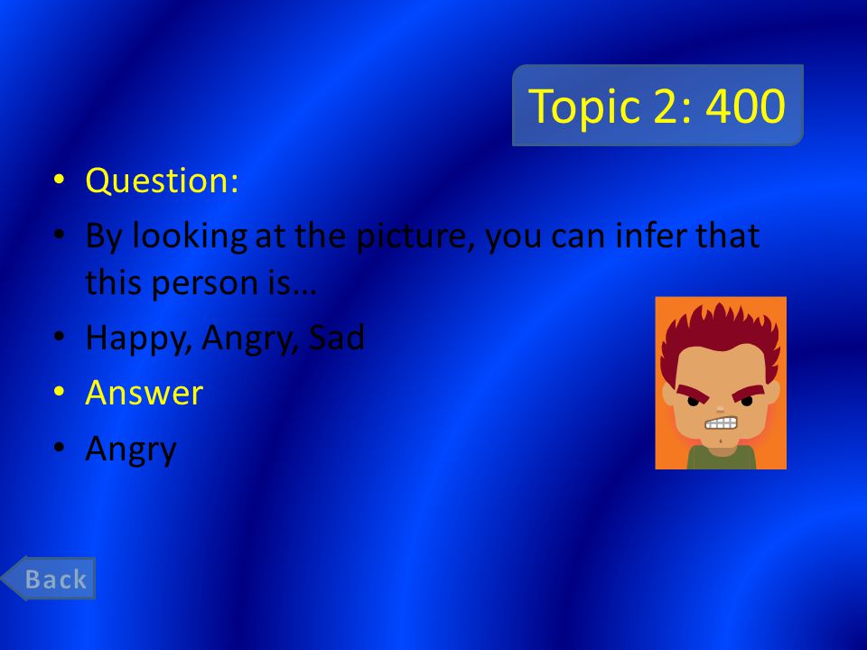 Topic 2: 400 Question: By looking at the picture, you can infer that this person is… Happy, Angry, Sad Answer Angry
