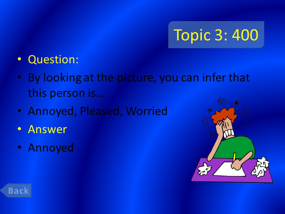 Topic 3: 400 Question: By looking at the picture, you can infer that this person is… Annoyed, Pleased, Worried Answer Annoyed