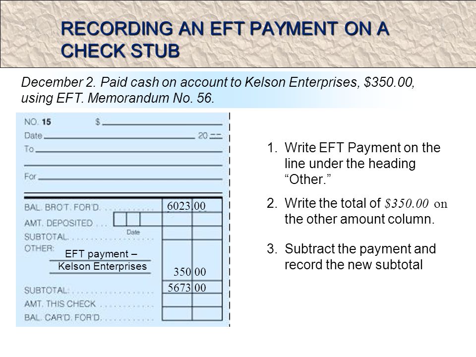 RECORDING AN EFT PAYMENT ON A CHECK STUB 1.Write EFT Payment on the line under the heading Other.