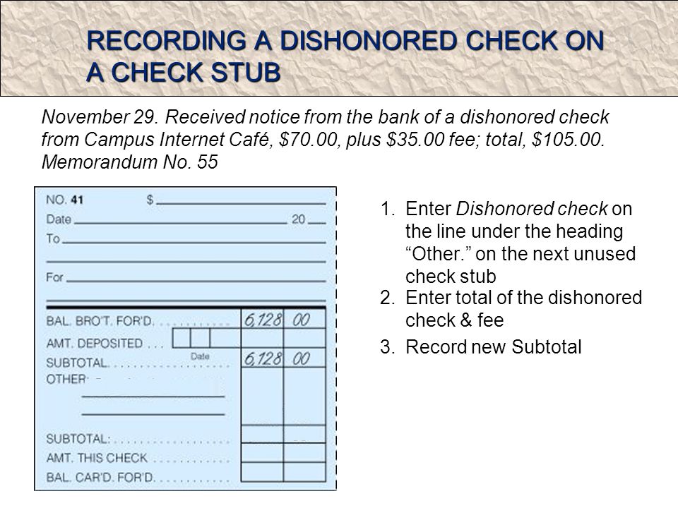 RECORDING A DISHONORED CHECK ON A CHECK STUB 1.Enter Dishonored check on the line under the heading Other.